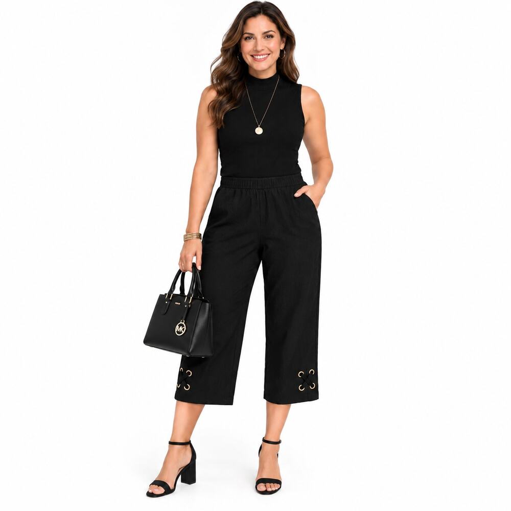 Michael Kors Cropped Pants Womens PL Petite Large Black Pull On Elevated Casual